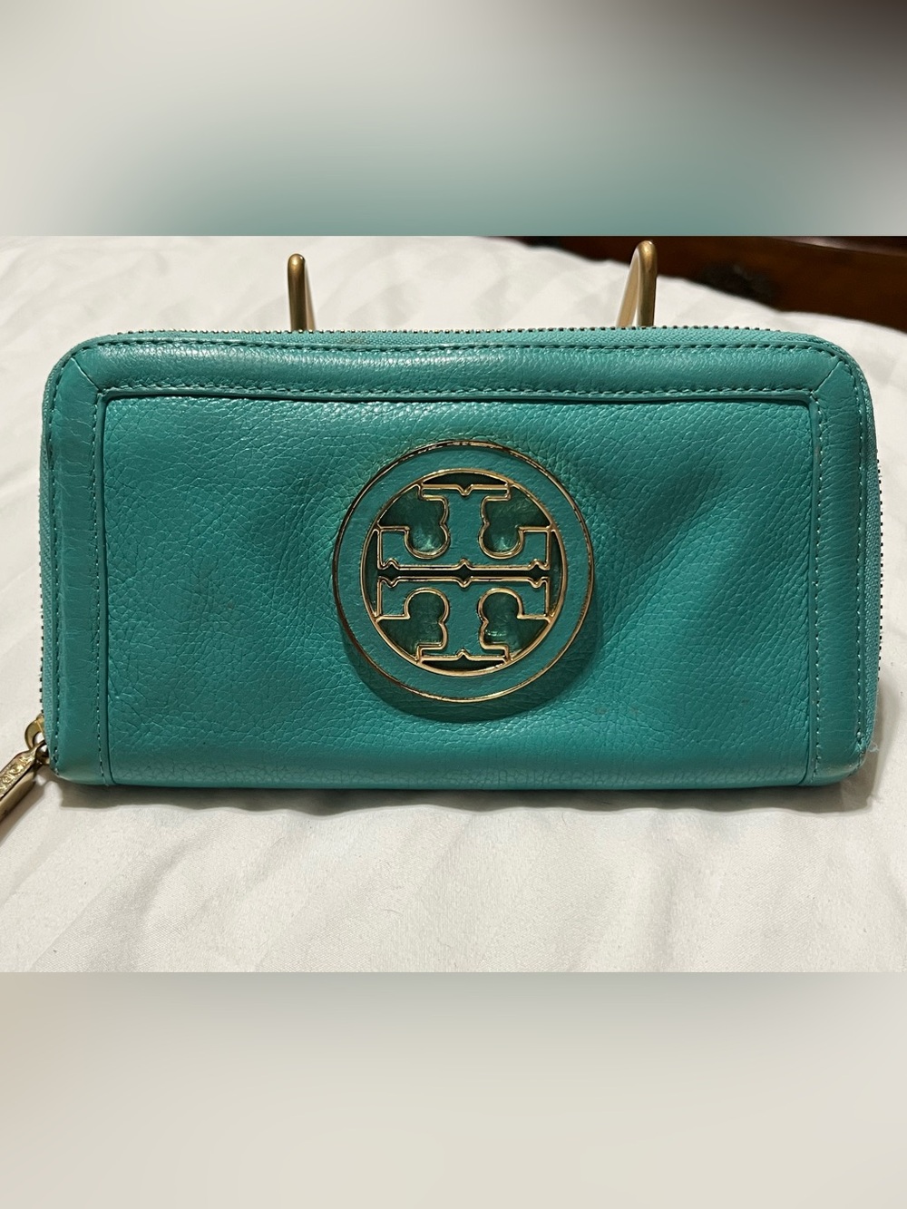 Tory Burch Turquoise Zip-Around Logo Wallet